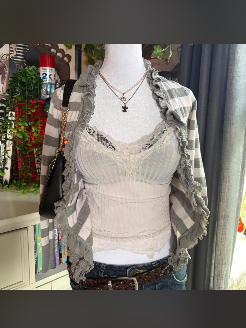 Gray and white striped cardigan
